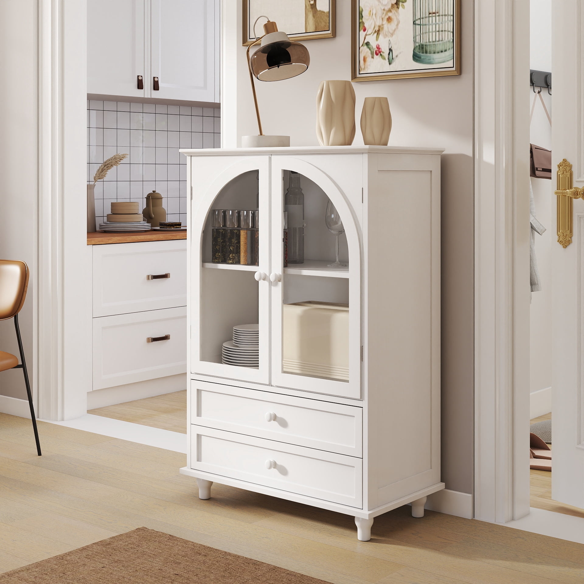 Farmhouse Storage Cabinet, Arched Tempered Glass Door Buffet Sideboard with Tiered Top, 2‑Drawer Pantry Cabinet for Kitchen Dining Living Room Entryway Coffee Bar
