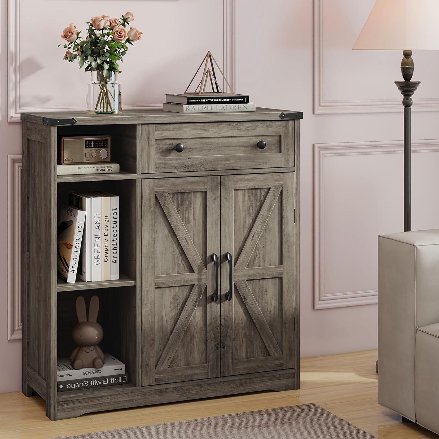Farmhouse Storage Cabinet, Bathroom Cabinet with 2 Barn Doors, Floor ...
