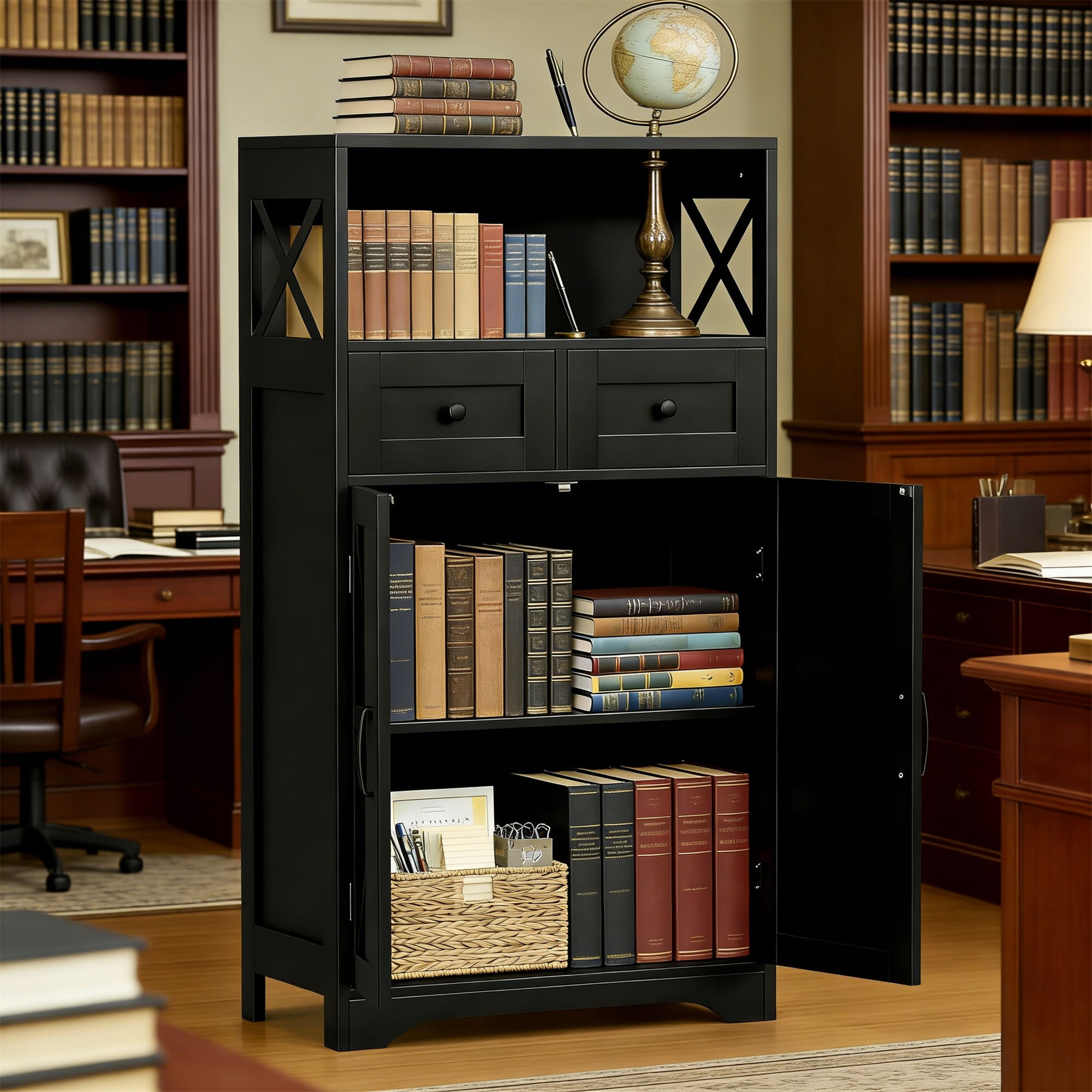 Farmhouse Storage Cabinet, Bathroom Floor Cabinet Kitchen Pantry with Doors and Drawers, Hutch Cupboard for Living Room, Bedroom, Laundry, Black
