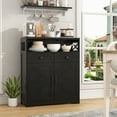 thumbnail image 1 of Farmhouse Storage Cabinet with Charge Station & Open Shelf,Coffee Bar Station Table with Adjustable Shelves and Barn Doors for Kitchen Dining Room,Rustic Grey, 1 of 9