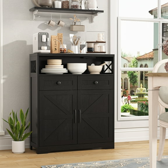Farmhouse Storage Cabinet with Charge Station & Open Shelf,Coffee Bar Station Table with Adjustable Shelves and Barn Doors for Kitchen Dining Room,Rustic Grey