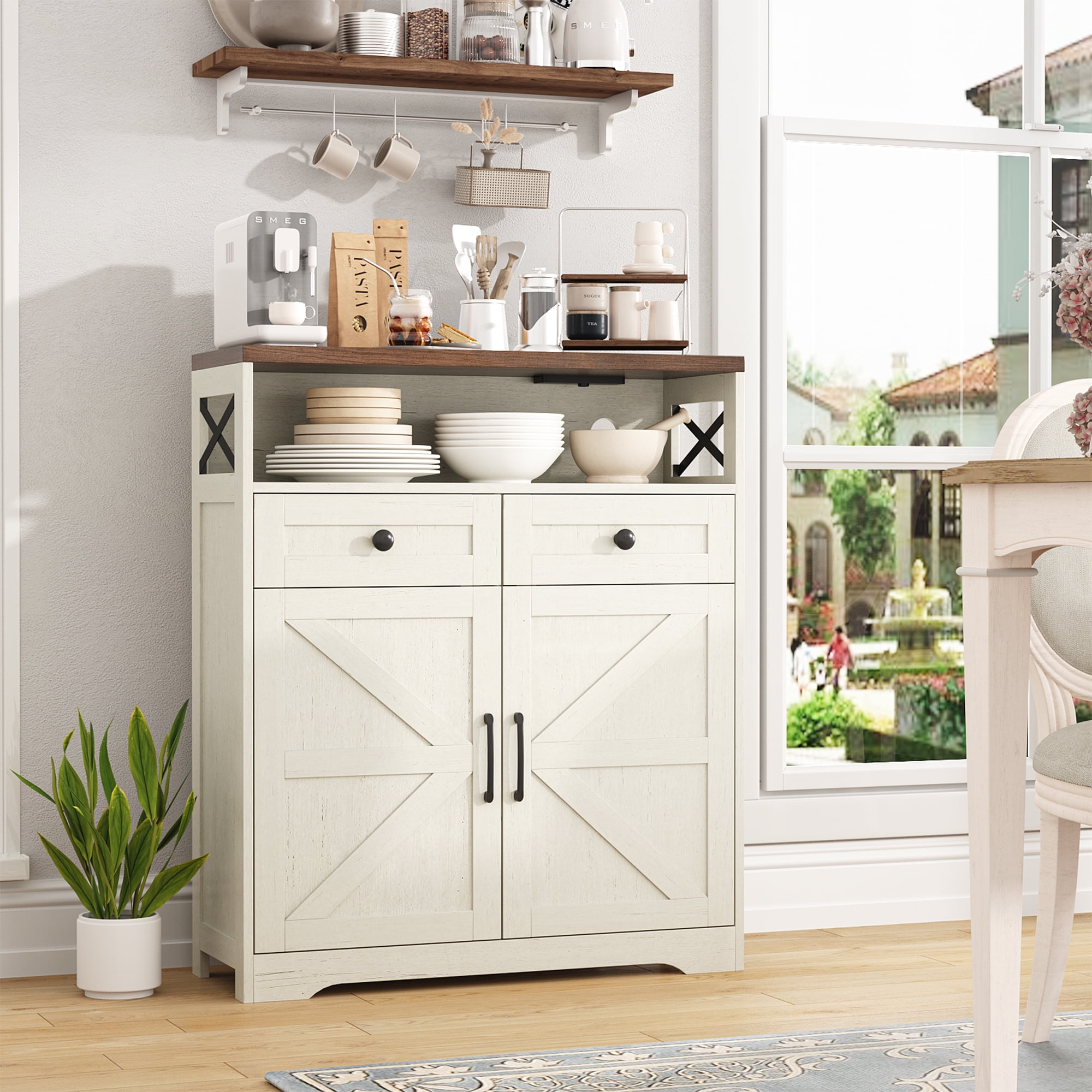 Farmhouse Storage Cabinet with Charge Station \u0026 Open Shelf,Coffee Bar  Station Table with Adjustable Shelves and Barn Doors for Kitchen Dining Room,White  - Walmart.com, image size:2000x2000