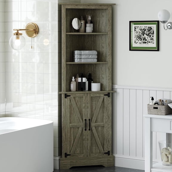 Farmhouse Storage Cabinet with Doors, Tall Corner Cabinet with Shelves for Living Room, 5-Tier Corner Shelf with Home Space Saver for Bathroom, Hallway, Grey