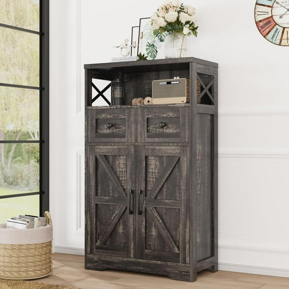Farmhouse Storage Cabinet with Drawers and Shelf, Freestanding Kitchen Pantry Storage Cabinet, Floor Hutch Cupboard for Kitchen, Living Room, Home Office, Dark Rustic Oak