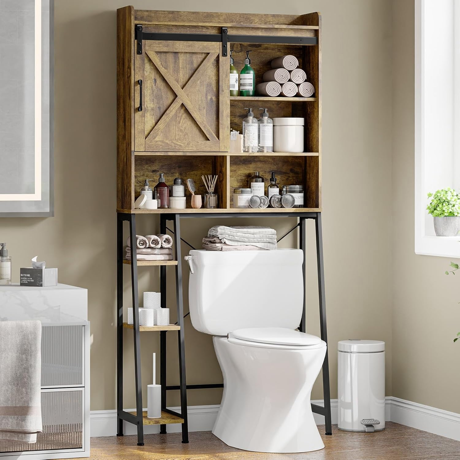 Farmhouse Storage Cabinet Over Toilet with Sliding Door & Toilet Paper ...