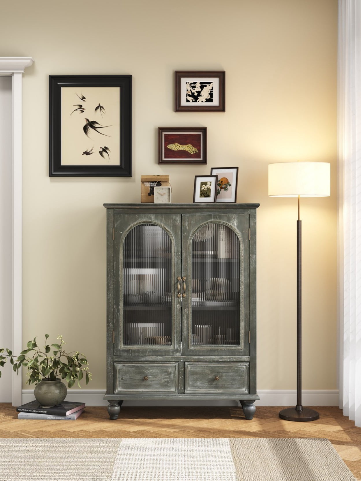 Farmhouse Storage Cabinet, Rustic Kitchen Pantry Cabinet with 2 Glass Doors, 2 Drawers, Adjustable Shelves, Freestanding Buffet Cupboard, Vintage Hutch Cabinet, Distressed Grey