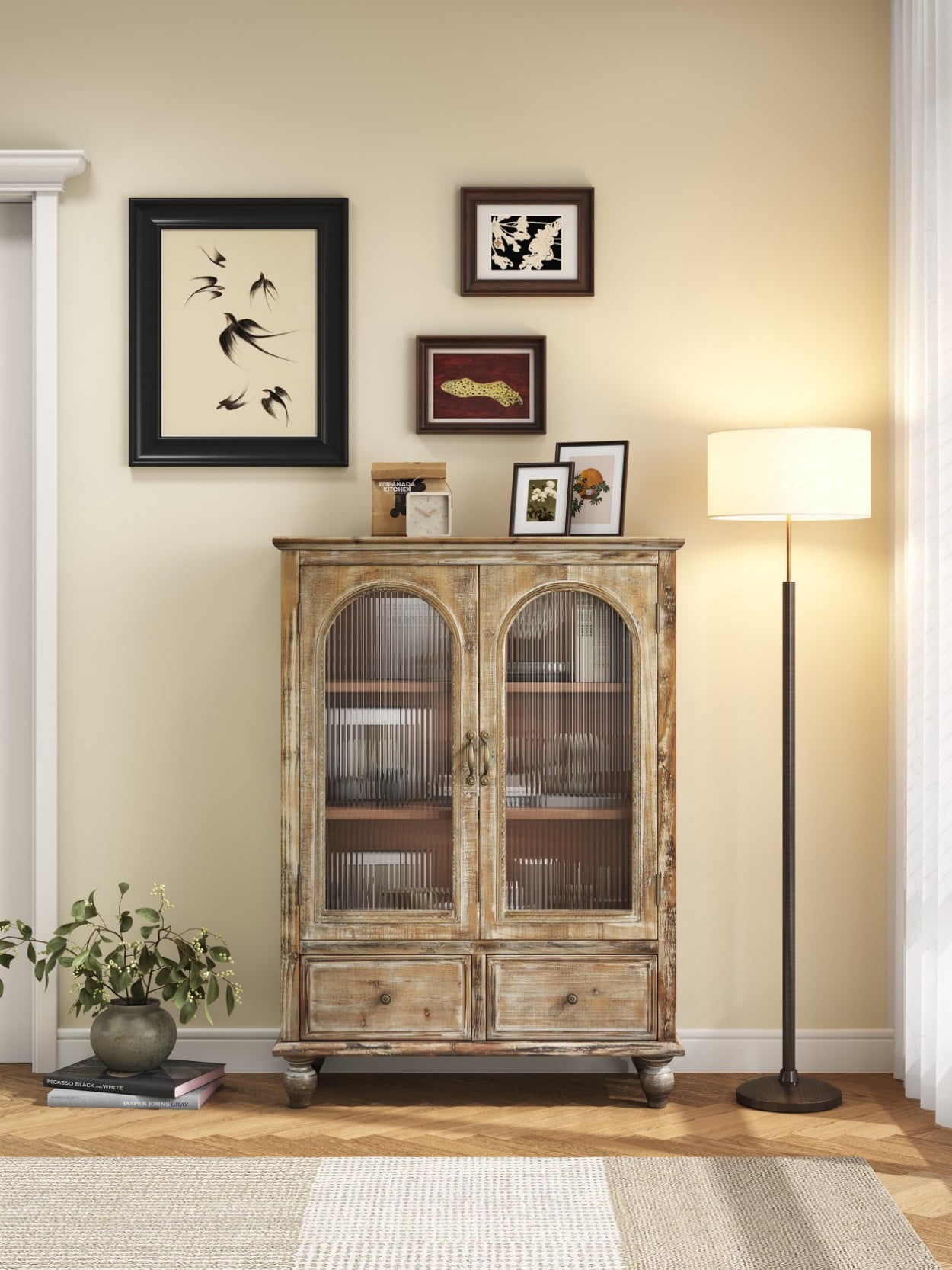 Farmhouse Storage Cabinet, Rustic Kitchen Pantry Cabinet with 2 Glass Doors, 2 Drawers, Adjustable Shelves, Freestanding Buffet Cupboard, Vintage Hutch Cabinet, Distressed Brown