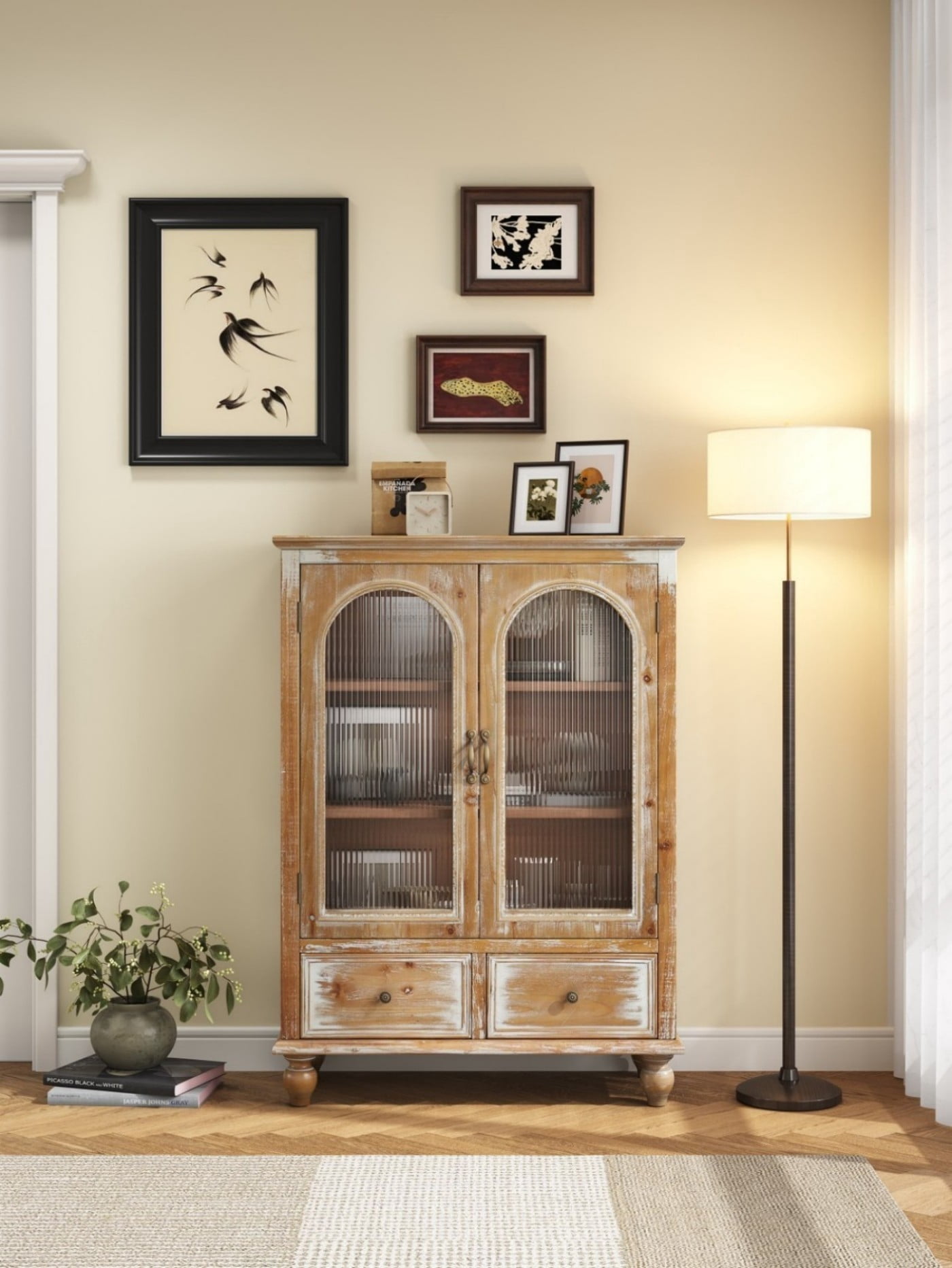 Farmhouse Storage Cabinet, Rustic Kitchen Pantry Cabinet with 2 Glass Doors, 2 Drawers, Adjustable Shelves, Freestanding Buffet Cupboard, Vintage Hutch Cabinet, Antique Brown