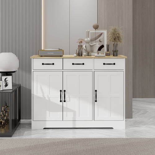 Farmhouse Storage Cabinet with 3 Doors and 3 Drawers, Storage Sideboard with Adjustable Shelves, White