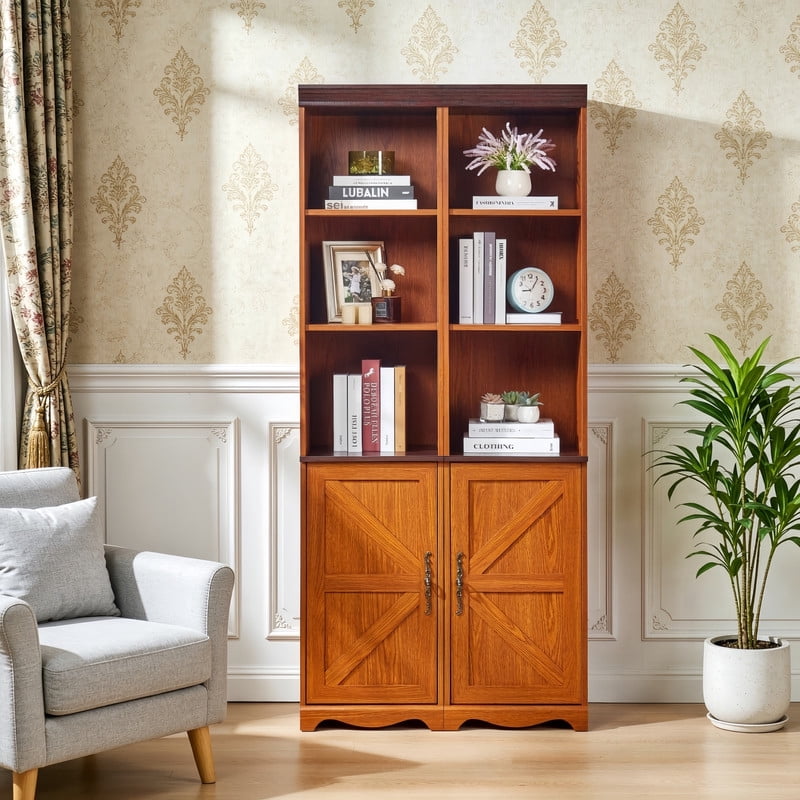 Farmhouse Storage Cabinet with Barn Door & Adjustable Shelf, Wood Bookcase for Home Office, Bookshelf with Open Display Cubbies