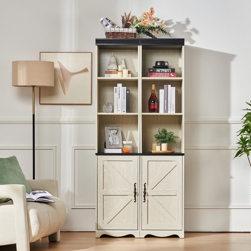 Farmhouse Storage Cabinet with Barn Door & Adjustable Shelf, Wood Bookcase for Home Office, Bookshelf with Open Display Cubbies
