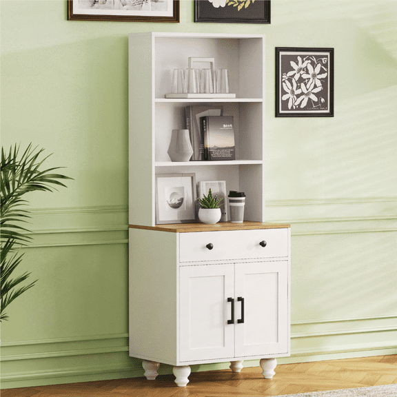 Farmhouse Storage Cabinet with Solid Wood Gourd Legs - Adjustable Shelves, 5-Tier Kitchen Pantry & Living Room Organizer, White