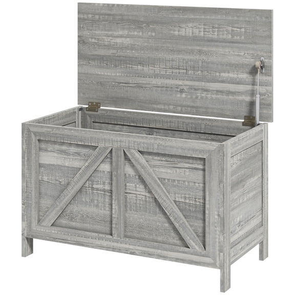 Farmhouse Storage Chest with Safety Hinge, Flip Top Organizer Box for Bedroom, Entryway & Living Room, Gray Wood Grain, Large Capacity, Sturdy Particleboard, Easy Assembly