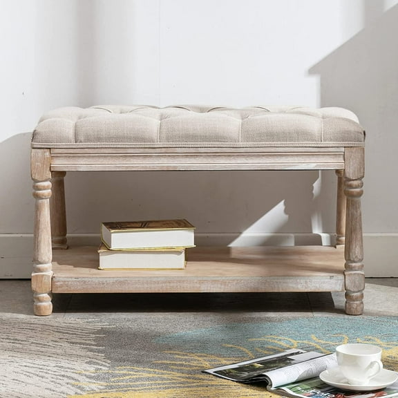 Farmhouse Storage  Wooden Entryway Linen Upholstered Ottoman Button Tufted  for Bedroom End of Bed Hallway Organizer, Beige, 32 Inch