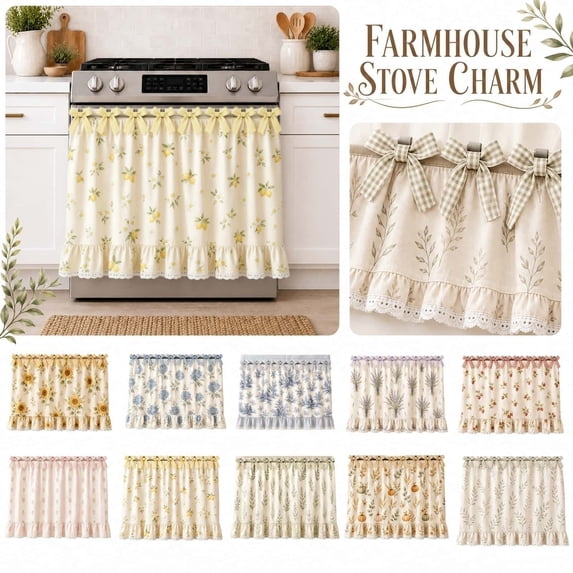 Farmhouse Stove Skirt Oven Curtain, Cotton Blend Stove Curtain with Lace Ruffle Trim Ribbon Ties, Kitchen Decor Oven Curtain Cover & Oven Skirt Curtain