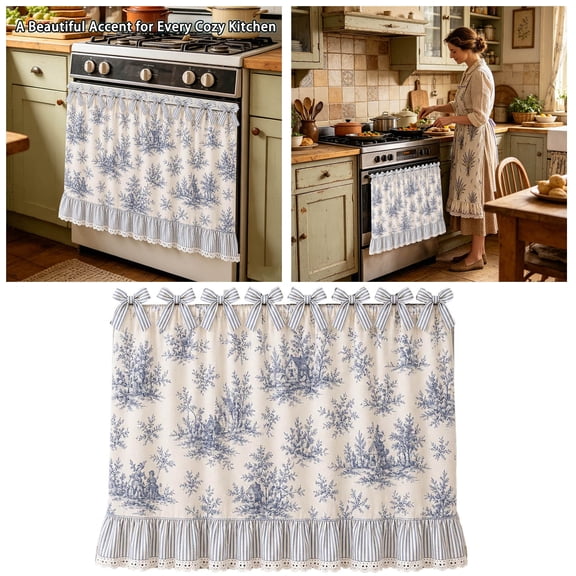 Farmhouse Stove Skirt Oven Curtain For Kitchen Blend Stove Curtain With Lace Ruffle Trim & 9 Ribbon Ties Oven Curtain Cover & Oven Skirt Curtain For Cottage Kitchen Apron Sleeve
