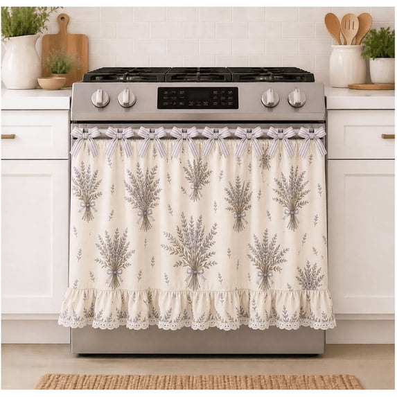 Farmhouse Stove Skirt Oven Curtain for Kitchen Decor, Cotton Blend Stove Curtain with Lace Ruffle Trim & 9 Ribbon Ties, Oven Curtain Cover & Oven Skirt Curtain for Cottage Kitchen - (D)