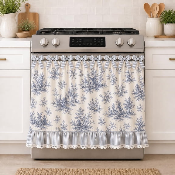 Farmhouse Stove Skirt Oven Curtain for Kitchen Decor – Cotton Blend Stove Curtain with Lace Ruffle Trim and Ribbon Ties – Oven Curtain Cover for Cottage Kitchen (C)