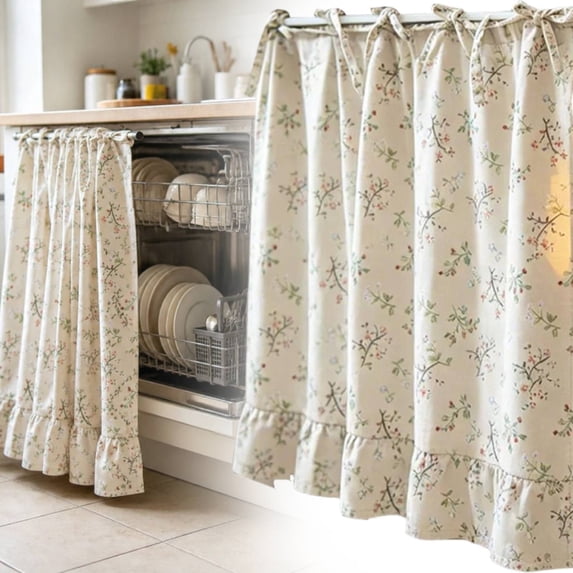 Farmhouse Stove Skirt Oven Curtain for Kitchen Decor, Vintage Cotton Blend Stove Curtains with Ruffles and Ribbon Ties, Oven Curtain Cover & Ovens Skirt Curtains for Cottage Kitchen