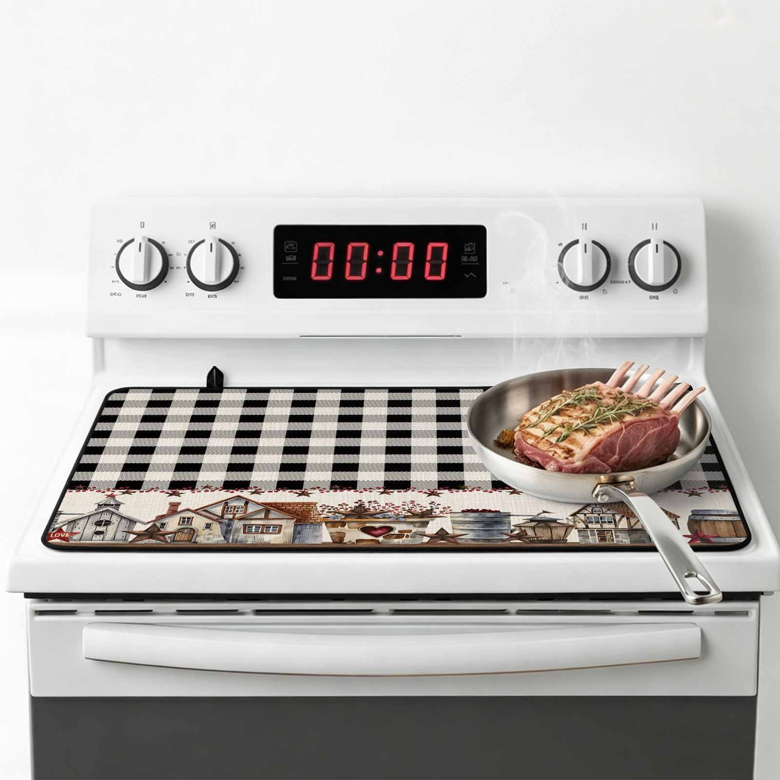 Farmhouse Stove Top Cover for Electric Stove, Heat-proof & Non Slip Glass Top Stove Cover Protector, American Country Star Barn Black Plaid Berry Kitchen Flat Cooktop Rubber Mat 24x21 Inches