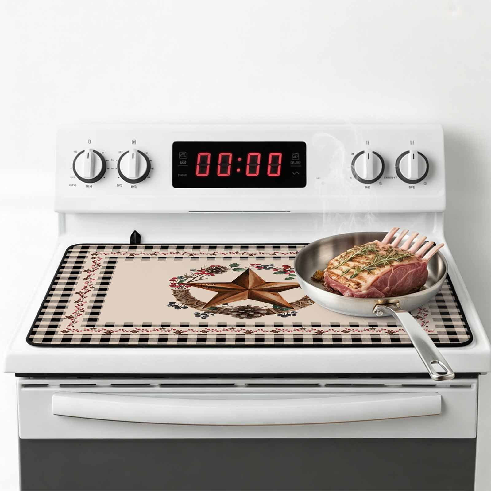 Farmhouse Stove Top Cover for Electric Stove, Heat-proof & Non Slip Glass Top Stove Cover Protector, Country Star Berry Plaid Lodge Grey Brown Kitchen Flat Cooktop Rubber Mat 24x21 Inches