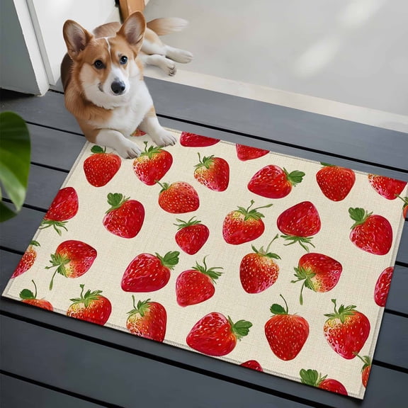 Farmhouse Strawberry 2x3 Area Rugs for Living Room, Red Berry Rustic Country Linen Texture Non Slip Floor Mat Washable Low-Profile Indoor Carpet for Bedroom, Dining Room, Bathroom