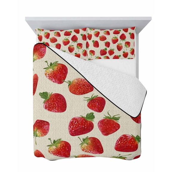Farmhouse Strawberry 3 Piece Quilt Set King Size, Red Berry Rustic Country Linen Texture Soft Bedspread Coverlet Bedding Set Microfiber Lightweight Comforter Set with 2 Pillowcases for Bedroom