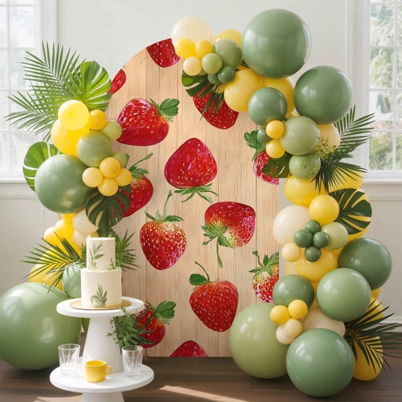 Farmhouse Strawberry Arch Backdrop Cover, 4FT, Red Berry Rustic Country Brown Wood Grain Spandex Arch Covers Double-Sided Backdrop for Wedding Birthday Party Photo Background Decoration