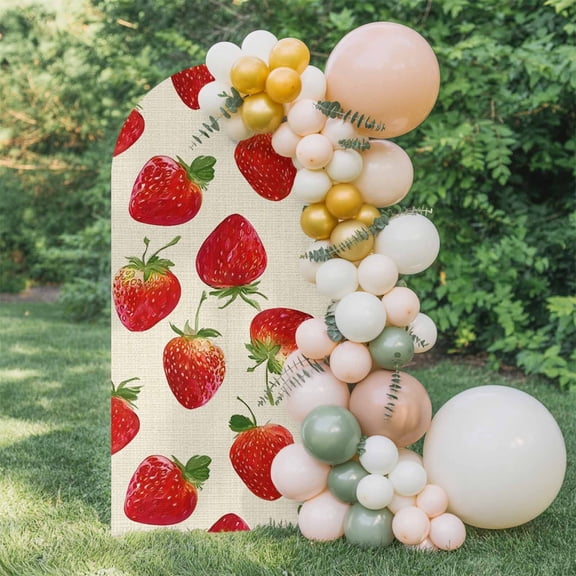 Farmhouse Strawberry Arch Backdrop Cover 5 FT, Red Berry Rustic Country Linen Texture Wedding Arch Cover Stretchy Backdrop Stands Covers for Birthday Party Ceremony Banquet Decor