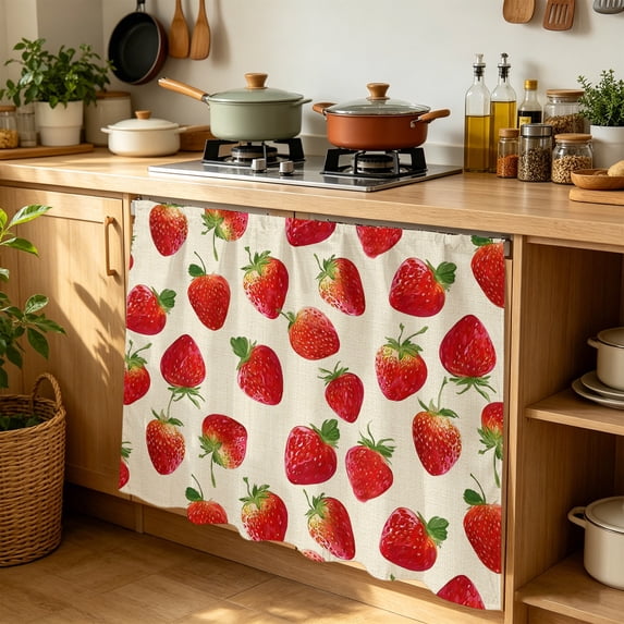 Farmhouse Strawberry Cabinet Curtains for Kitchen 35"W x 35"L, Red Berry Rustic Country Linen Texture Laundry Sink Cabinets Magic Tape Short Curtain Privacy Panel for Bathroom Vanity Cabinets