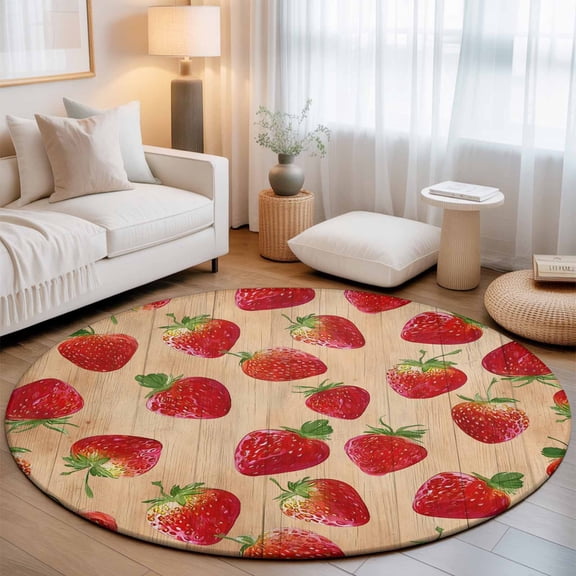 Farmhouse Strawberry Washable Round Area Rug 8 ft, Red Berry Rustic Country Brown Wood Grain, Soft Non Slip Rugs Stain Repellent Indoor Felt Carpet for Living Dining Room Bedroom Home Office