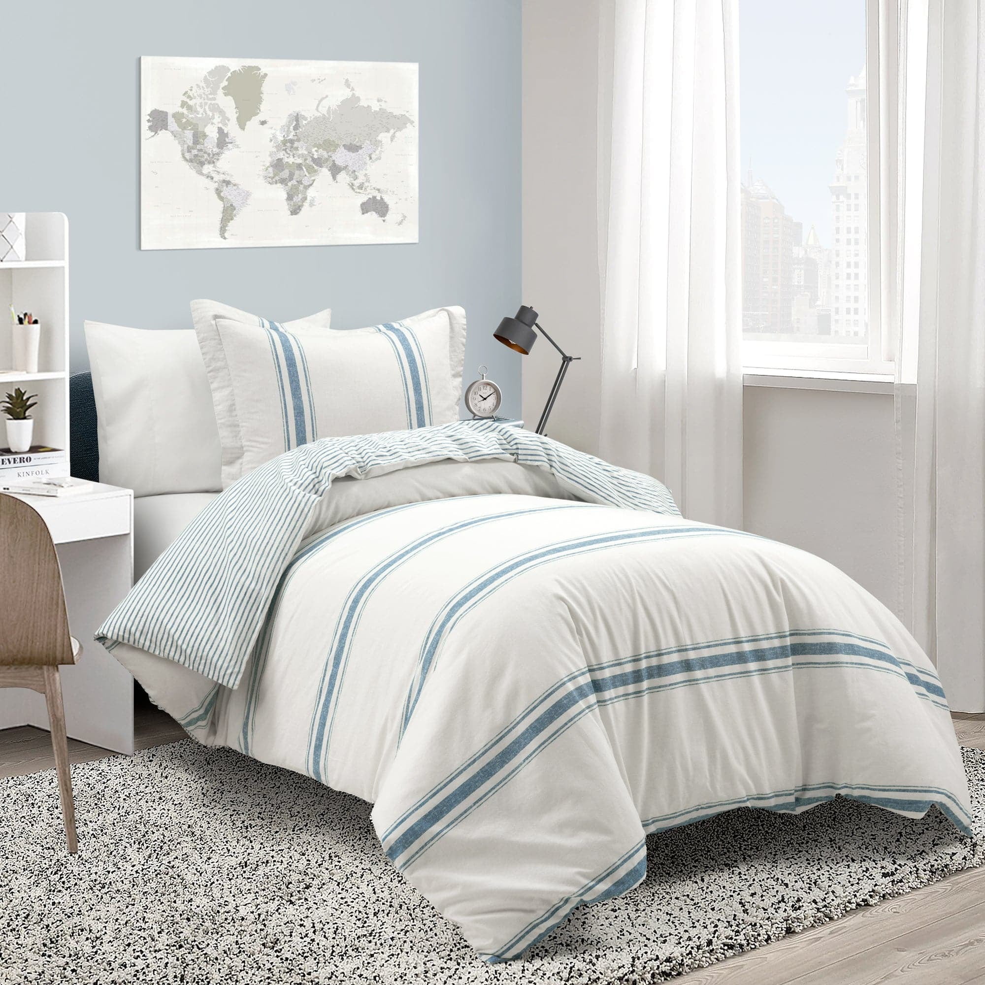 Farmhouse Stripe Back To Campus 100% Cotton Duvet Cover Blue 2Pc Set Twin-Xl