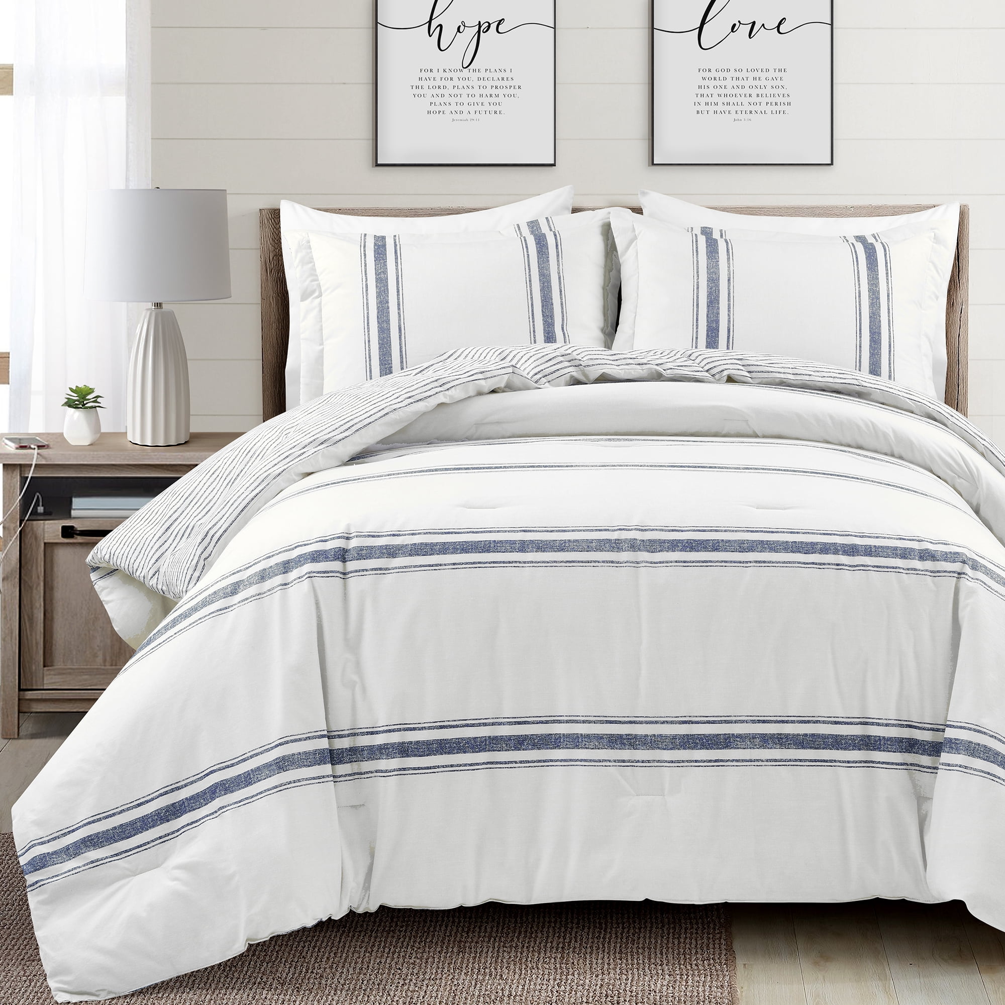 Lush Decor Farmhouse Stripe Traditional Reversible Comforter, Full