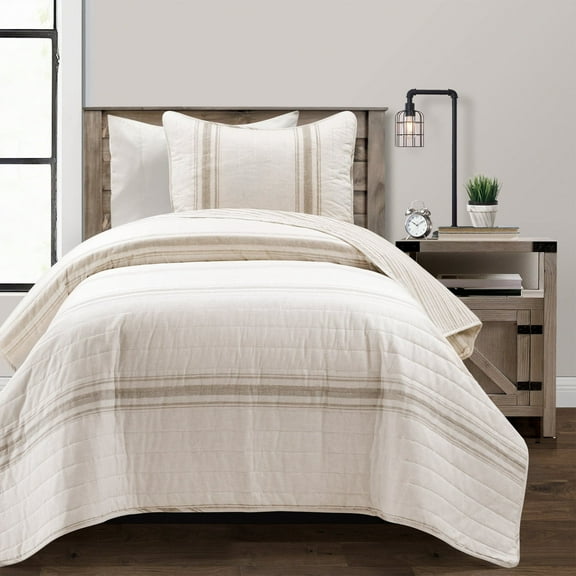 Farmhouse Stripe Reversible Cotton Quilt Neutral 2Pc Set Twin-Xl