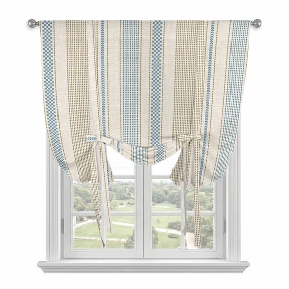 Farmhouse Stripe Tie Up Curtains for Windows, Adjustable Balloon Window Shades, Boho Country Vintage Blue Striped Kitchen Window Treatments Farmhouse Short Curtains with Rod Pocket 42"x45"