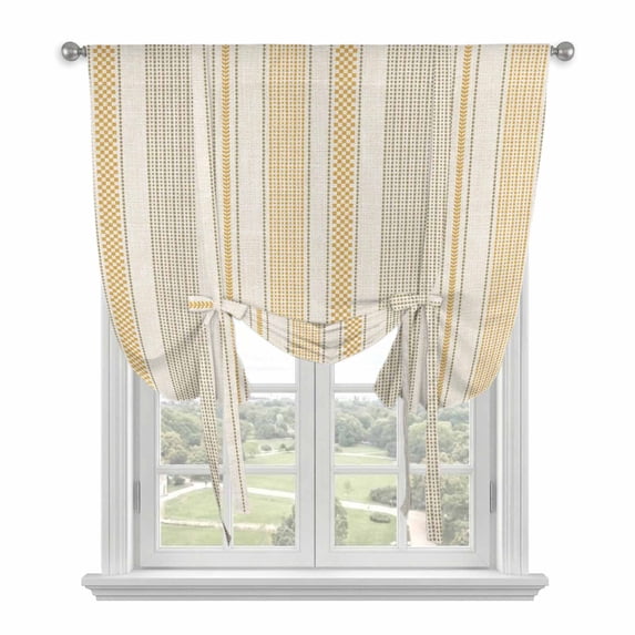 Farmhouse Stripe Tie Up Curtains for Windows, Adjustable Balloon Window Shades, Boho Country Vintage Yellow Striped Kitchen Window Treatments Farmhouse Short Curtains with Rod Pocket 42"x45"