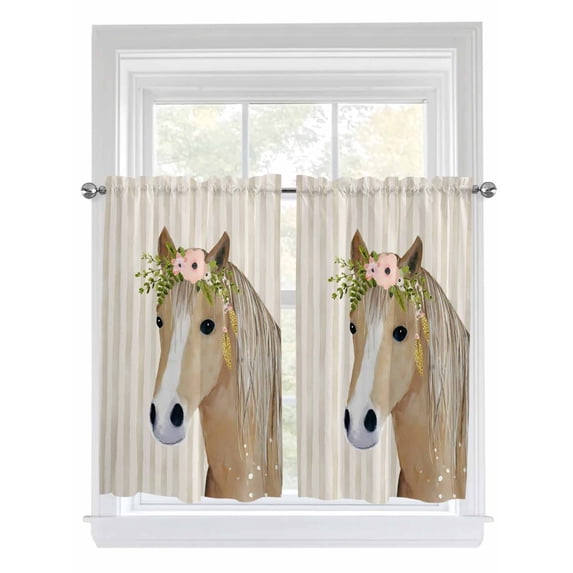 Farmhouse Striped Living Room Curtains 2 Panel, Watercolor Horse Flower Leaf Beige Cafe Window Treatment, Farmhouse Bedroom Bathroom Kitchen Curtains Drapes 104"x54"