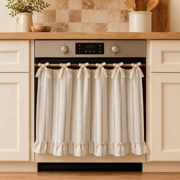 Farmhouse Striped Oven Skirt Stove Curtain, Cotton Linen Decorative Oven Door Cover with Fabric Ribbon Ties & Ruffle Hem, Neutral Ticking Stripe Tie-On Appliance Curtain for Kitchen, Cabinet & Small