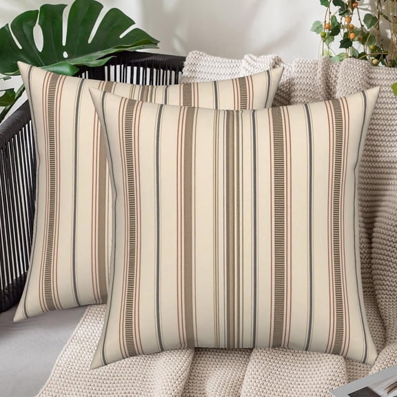 Linen Striped Throw Pillow Covers 18x18 Set of 2 Double-Sided Beige Farmhouse Pillow Cases Outdoor Waterproof Decor
