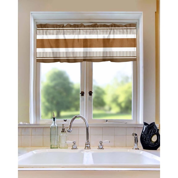 Farmhouse Stripes on White Window Valances for Kitchen,Rod Pocket Valance Privacy Small Curtain,Geometric Brown Lines Window Treatment Drapes for Bedroom Laundry Room Farmhouse Home Decor