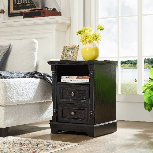 Farmhouse Style 2 Drawer Sofa Side Table with Charging Pedestal, Tall Rustic Wood Square Nightstand with Wooden Base and Roman Posts Rustic Chest of Drawers for Living Room, Bedroom, Office