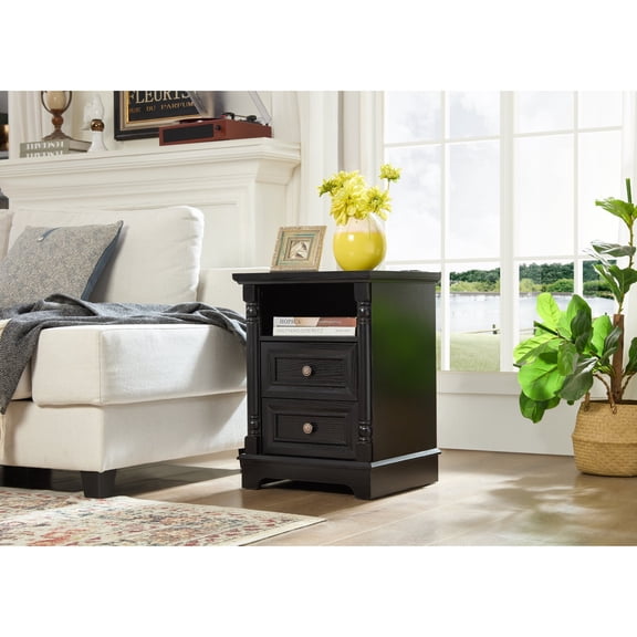 Farmhouse Style 2 Drawer Sofa Side Table with Charging Pedestal, Tall Rustic Wood Square Nightstand with Wooden Base and Roman Posts Rustic Chest of Drawers for Living Room, Bedroom, Office No.2464