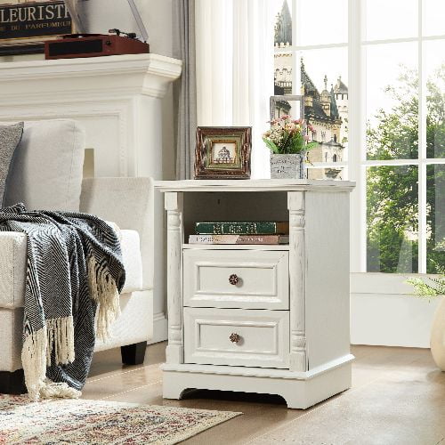 Farmhouse Style 2 Drawer Sofa Side Table with Charging Pedestal, Tall Rustic Wood Square Nightstand with Wooden Base and Roman Posts Rustic Chest of Drawers for Living Room, Bedroom, Office
