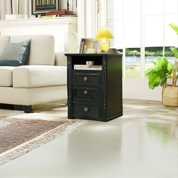 Farmhouse Style 2 Drawer Sofa Side Table with Charging Pedestal, Tall Rustic Wood Square Nightstand with Wooden Base and Roman Posts Rustic Chest of Drawers for Living Room, Bedroom, Office