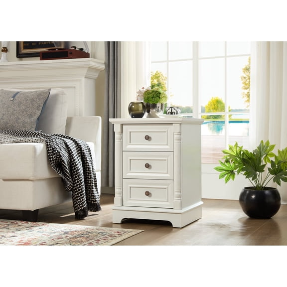 Farmhouse Style 3 Drawer Sofa Side Table with Charging Pedestal, Tall Rustic Wood Square Nightstand with Wooden Base and Roman Posts Rustic Chest of Drawers for Living Room, Bedroom, Office No.9673