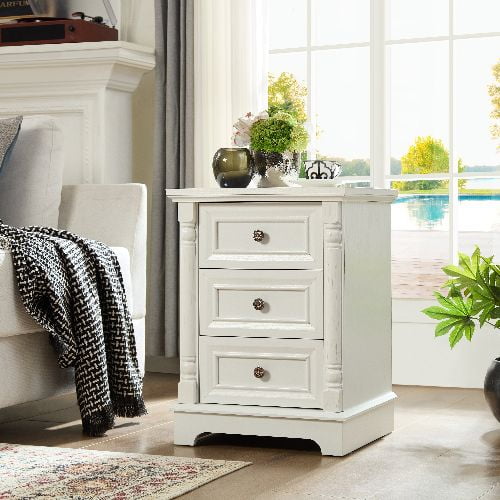 Farmhouse Style 3 Drawer Sofa Side Table with Charging Pedestal, Tall Rustic Wood Square Nightstand with Wooden Base and Roman Posts Rustic Chest of Drawers for Living Room, Bedroom, Office