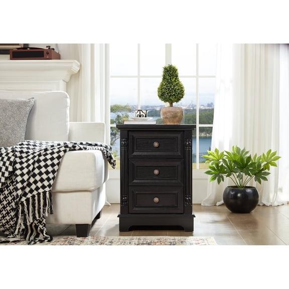 Farmhouse Style 3 Drawer Sofa Side Table with Charging Pedestal, Tall Rustic Wood Square Nightstand with Wooden Base and Roman Posts Rustic Chest of Drawers for Living Room, Bedroom, Office No.6616