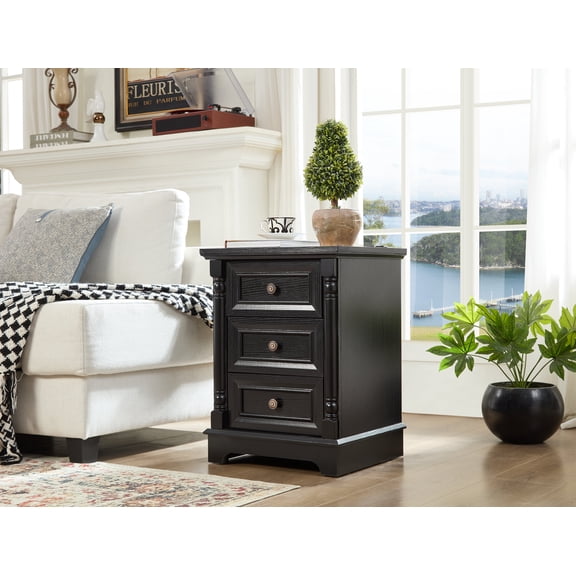 Farmhouse Style 3 Drawer Sofa Side Table with Charging Pedestal, Tall Rustic Wood Square Nightstand with Wooden Base and Roman Posts Rustic Chest of Drawers for Living Room, Bedroom, Office