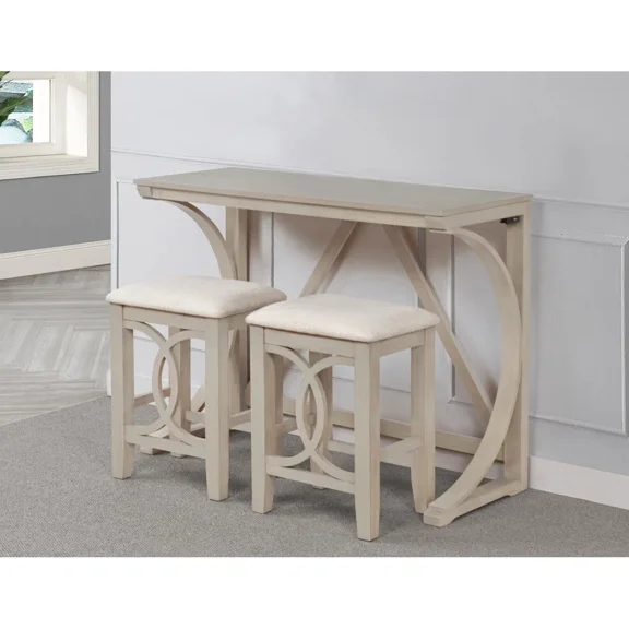 Farmhouse Style 3 PC Counter Height Set, Antique White Wood Sofa Table w/ 2 Side Stools, Home Kitchen Dining Furniture