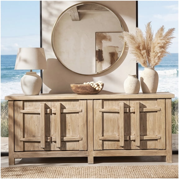 Farmhouse Style 4-Door Sideboard Cabinet in Reclaimed Pine, Natural Wood Tone for Dining Room Storage